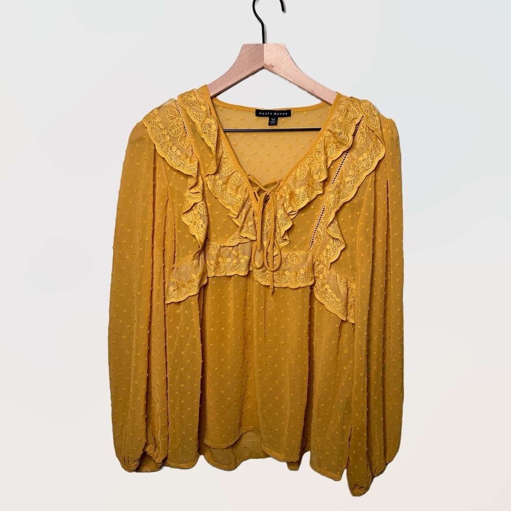 Haute Monde Sz M Yellow Swiss Dot Ruffle Top